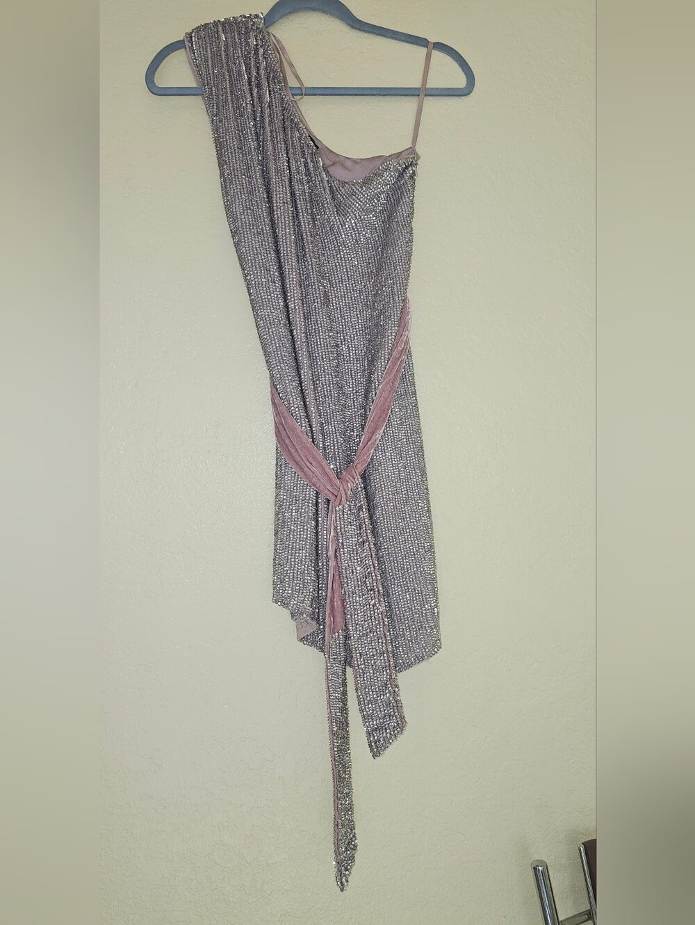 Retrofete Lavender Sequin One-Shoulder Dress with Pink Velvet Belt